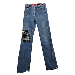 NYDJ Bootcut Jeans LONG Plaid Patch Embellished High Rise Tummy Tuck Sz. 27x32.5